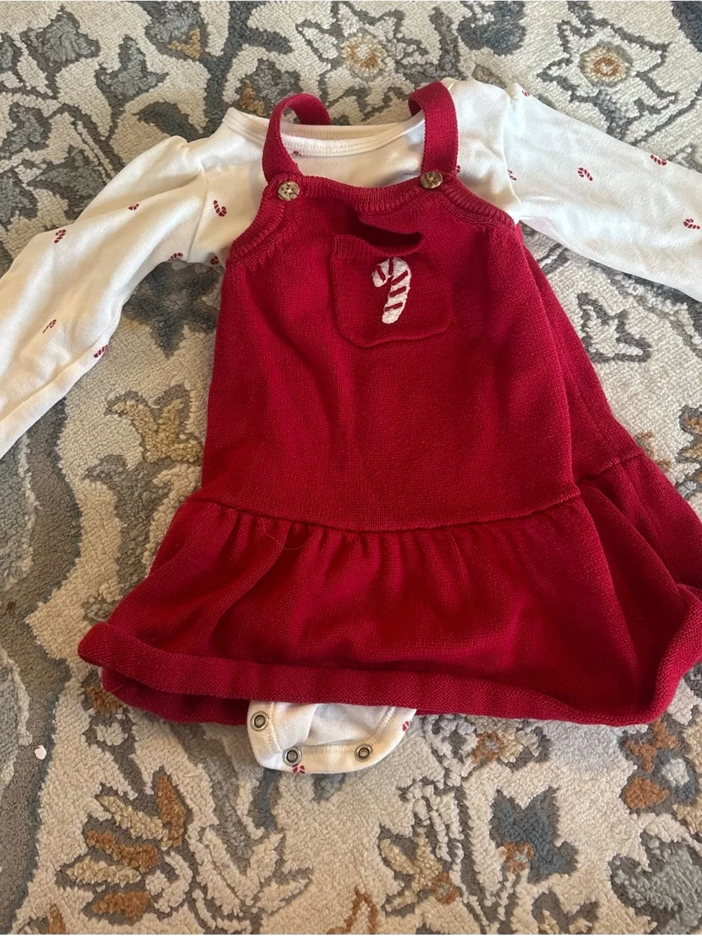 Carter's Christmas Red Knit Pinafore Dress with White Candy Cane Bodysuit